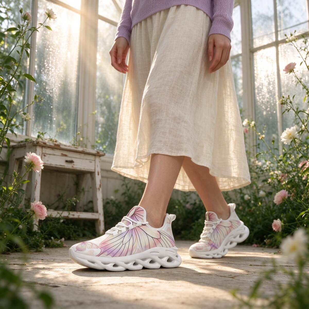 Blush Petals Across a Quiet White Garden